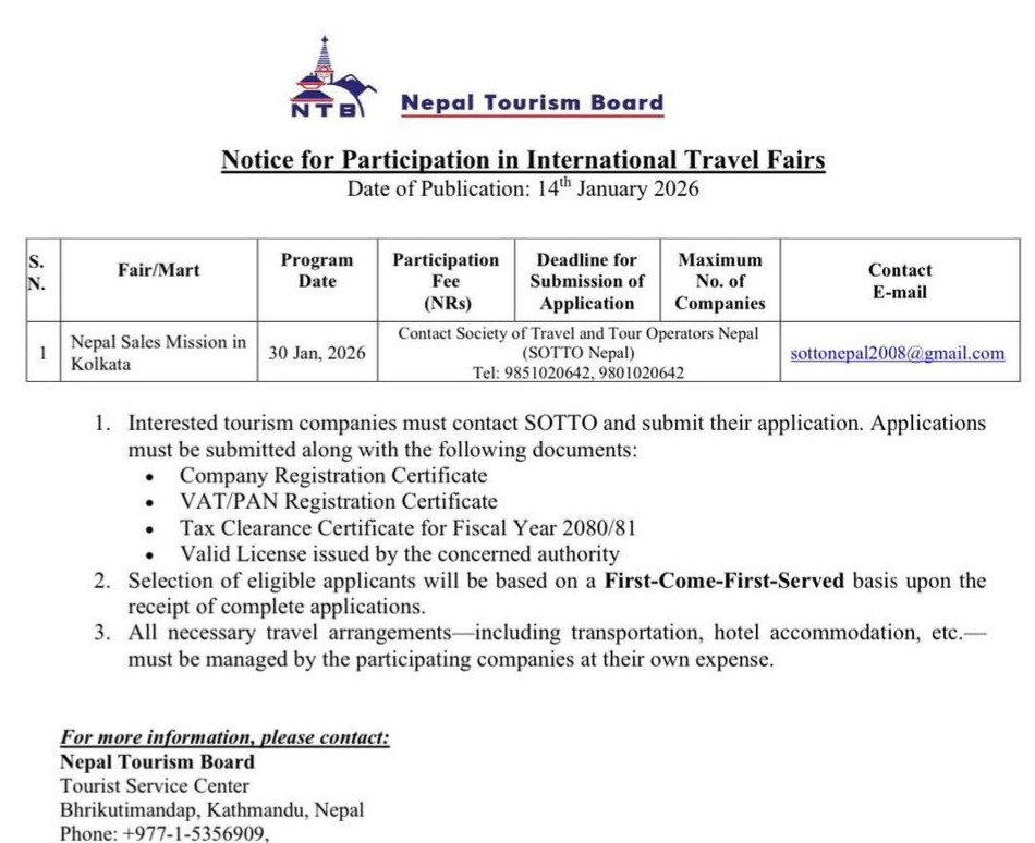  SOTTO-Nepal, in association with the Nepal Tourism Board, is organizing a B2B Sales Meeting in Kolkata on 30th January 2026.